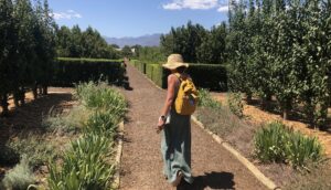 Amanda Wadhams walking through the gardens at Babylonstoren, South African winelands