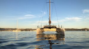 CM46 Rush from the bow, anchored in Knysna Lagoon