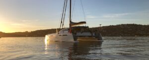 CM46 high performance cruising catamaran Rush, anchored off Knysna