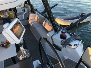 Fast catamaran Rush cockpit from the deck