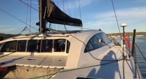 Performance cruising catamaran Rush view from port bow looking aft