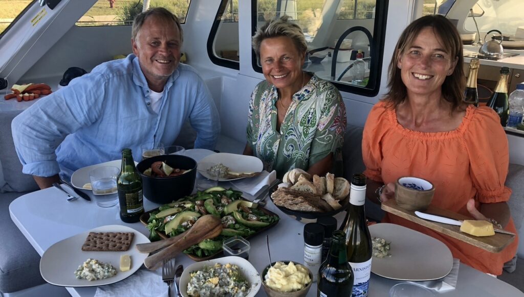 Lars, Ana-Lena and Amanda celebrate midsummer on CM46 catamaran Rush