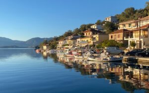 View from CM46 performance catamaran Rush in Vathi, Meganisi