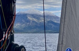 Snow on the mountains cruising in the Ionian Islands