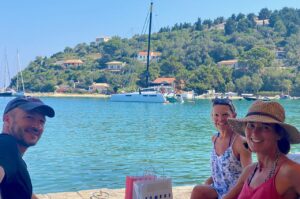 CM46 high performance catamaran Rush seen from a Lakka cafe