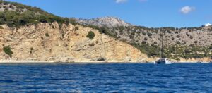 Performance CM46 catamaran Rush anchored off Kastos