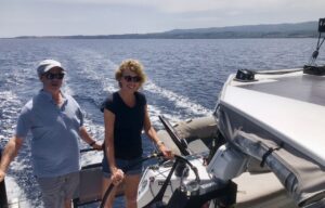 Diane and Alan Enfield sailing high performance catamaran Rush